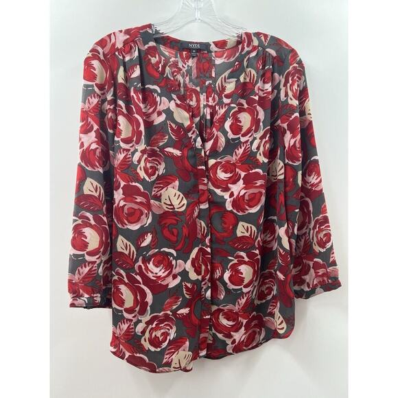 NYDJ Tops - NYDJ Women’s 3/4 Sleeve Red Floral Button Up Blouse Hidden Button Placket XS